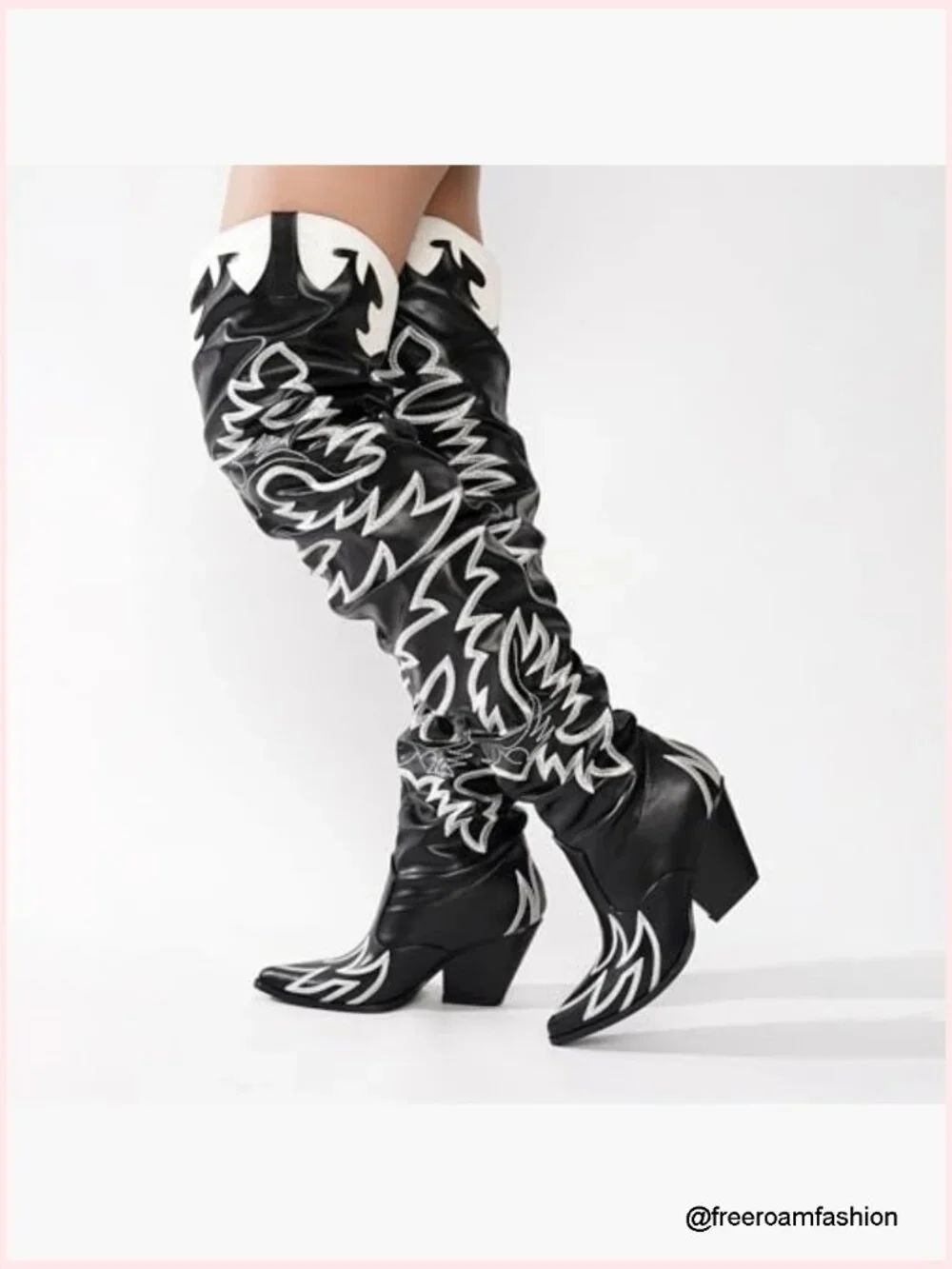 Western Over the Knee Boots Chunky Heel Faux Leather Embroidered Pull On
